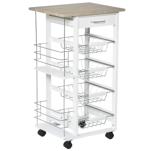 HOMCOM Multi-Use Kitchen Island Trolley w/ 4 Baskets 2 Side Racks Drawer Worktop White