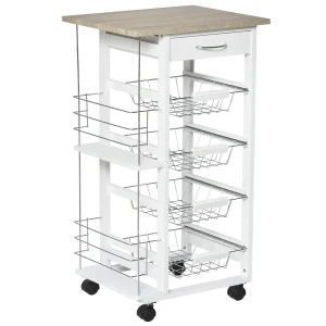 HOMCOM Kitchen Trolley, Rolling Utility Storage Cart with Four Basket Drawers, Side Racks & Wheels, Dining Room Organiser, Brown