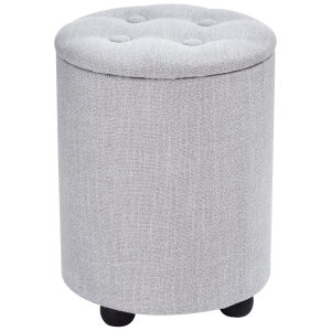 HOMCOM Storage Footstool Ottoman Linen Upholstered Round Stool Grey