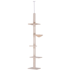 PawHut Árbol Rascador para Gatos 40x34x230-260 cm Árbol Escalador de Gato para Fijar al Techo Altura Ajustable con Plataformas Hamaca y Postes de Sisal Beige