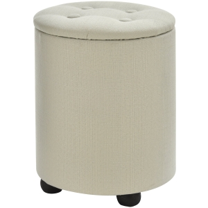 HOMCOM Linen Upholstered Round Storage Ottoman Footstool – White