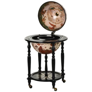 HOMCOM Unique Globe Drinks Cabinet Wood Frame 3 Compartments Bottles Glasses w/ Bottom Shelf 4 Wheels Elegant Antique Movable Safe Storage Brown Beige