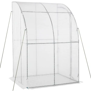 Outsunny Lean to Wall Greenhouse Outdoor Walk-In with Zippered Roll Up Door, PE Cover, 143L x 118W x 212H cm, White