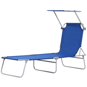 Outsunny Folding Reclining Chair, Outdoor Sun Lounger with Sunshade, Beach Garden Patio Recliner, Adjustable, Blue