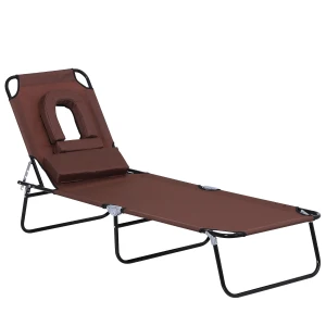 Outsunny Sun Lounger with Pillow and Reading Hole, Foldable Reclining Chair, Garden Beach Outdoor Recliner, Adjustable, Brown