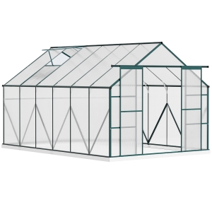 Outsunny Aluminum Greenhouse Polycarbonate Walk-in Garden Greenhouse Kit with Adjustable Roof Vent, Rain Gutter, Sliding Door and Foundation, 8 x 12ft, Clear