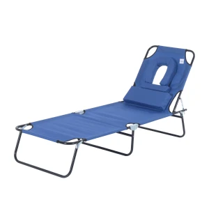 Outsunny Foldable Sun Lounger, Reclining Garden Chair with Pillow and Reading Hole, Adjustable, Blue