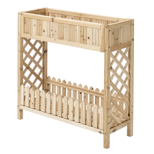 Outsunny Horta Vertical Elevada de Madeira 90x30x90cm Mesa de Cultivo de Jardim com Prateleira Inferior e 4 Orifícios de Drenagem para Plantas Vasos Flores Madeira Natural