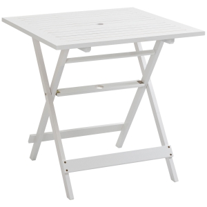 Outsunny Mesa de Jardín Plegable de Madera Maciza con Agujero para Sombrilla Mesa Cuadrada de Exterior para Camping Viaje Picnic Terraza Balcón 70x70x70 cm Blanco
