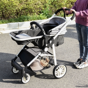 HOMCOM Cochecito de Bebé 2 en 1 Silla de Paseo y Capazo para Niños de 0-36 Meses con Capota Plegable Respaldo Reclinable Cesta Grande Palanca de Freno Carga 15kg 80x51x102 cm Gris