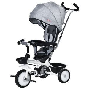 HOMCOM Triciclo Bebé 6 en 1 Triciclo Evolutivo para Niños de +12 Meses con Asiento Reversible Capota Plegable Mango de Empuje Telescópico y Barra Extraíble 100x48x106 cm Gris