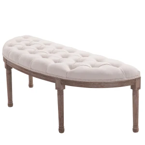 HOMCOM Ottoman Footstool, Half-Circle End Bench with Tufted Padded Seat and Brushed Wood Base, Antique Accents, Cream White