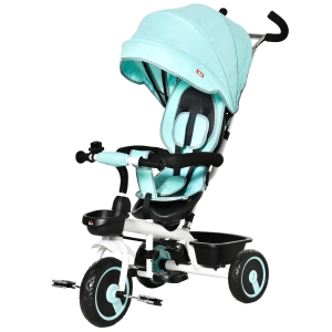 HOMCOM Triciclo Bebé 6 en 1 Triciclo Evolutivo para Niños de +12 Meses con Asiento Reversible Capota Plegable Mango de Empuje Telescópico y Barra Extraíble 100x48x106 cm Turquesa