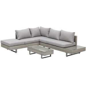 Outsunny 5-Seater Rattan Garden Furniture Wicker Conservatory Corner Sofa Set Chaise Lounge with Coffee Table, Side Table & Cushions â€“ Grey