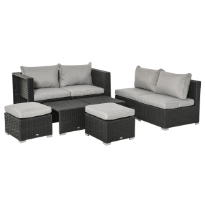 Outsunny 6-Seater PE Rattan Dining Set w/ 4 Chair 2 Footstool 2 Tables Metal Frame Black
