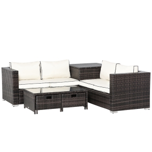 Outsunny 4-Seater Rattan Furniture Sofa Storage Table Set w/ 2 Drawers Corner Table Brown