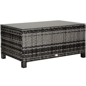 Outsunny Rattan Side Coffee Table, Patio Garden Furniture with Tempered Glass Top, Weather-Resistant Wicker, Mixed Grey