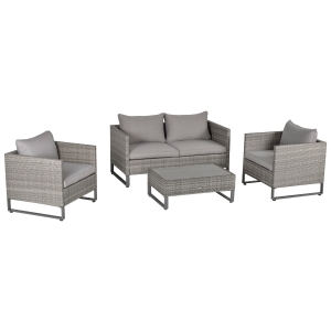 Outsunny 4-Seater PE Rattan Wicker Outdoor Dining Set w/ Sofa Chairs Table Cushions