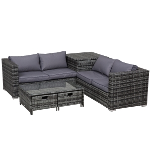 Outsunny 4-Seater Rattan Furniture Sofa Storage Table Set w/ 2 Drawers Corner Table Grey