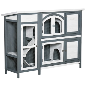 PawHut Coelheira de Madeira Exterior de 2 Níveis Gaiola Grande para 2-4 Coelhos com Teto Asfáltico Portas com Fechadura Bandeja Removível e Rampa 145x48x108cm Cinza e Branco