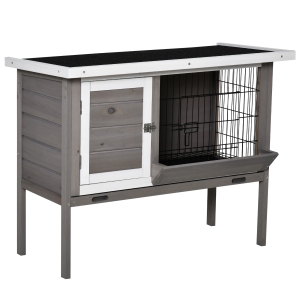 PawHut Coelheira de Madeira Exterior Gaiola Elevada para Coelhos Cobaias Animais Pequenos com Teto Asfáltico Abatível Comedouro Bandejas Removíveis e 2 Portas 91x46x71cm Cinza