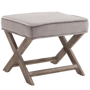 HOMCOM Padded Footstool with Velvet Cover and X Leg Chair, Shabby Chic Footrest, Solid Rubber Wood, 49.5 x 45 x 41 cm, Grey