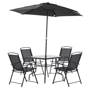 Outsunny Conjunto de Móveis de Jardim com 4 Cadeiras Dobráveis Mesa de Jardim de Vidro e Chapéu de Sol Inclinável Proteção Solar para Pátio Terraço Exterior 80x80x70cm Preto