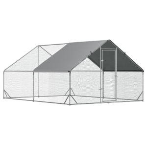 PawHut Enclos poulailler chenil volière extérieur 12 m² - Parc grillagé dim. 3L x 4l x 2H m - Espace Couvert - Acier galvanisé