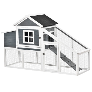 PawHut Chicken Coop, Hen House, Wooden Poultry Habitat with Outdoor Run, Nesting Box, Slide Out Tray, Lockable Doors, Ramp, Window, 176 x 66 x 110cm, White