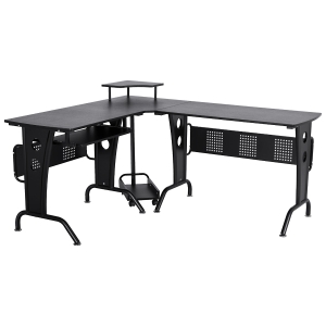 HOMCOM 86.5H x 170L x 140Wcm Steel MDF Top L-Shaped Corner Desk w/ Keyboard Tray - Black
