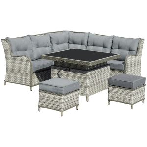 Outsunny 5-Seater Patio PE Rattan Sofa Set, Outdoor Wicker Sectional Conversation Aluminum Frame Furniture Set w/ Thick Padded Cushion & Liftable Coffee Table, Grey