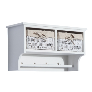 HOMCOM Wooden Wall Mounted Shelf with 4 Hooks 2 Wicker Baskets White