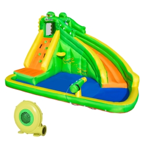 Outsunny 6 in 1 Kids Bounce Castle Large Crocodile Style Inflatable House Slide Basket Water Pool Gun Climbing Wall with Inflator Carrybag for Kids Age 3-8, 3.85 x 2.85 x 2.25m