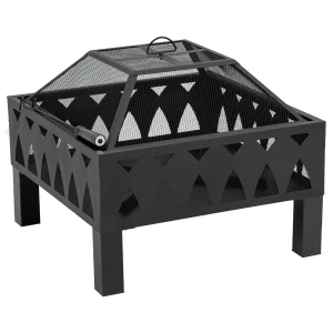 Outsunny Outdoor Fire Pit with Screen Cover, Wood Burning Log Bowl, Poker for Patio, Backyard, Black
