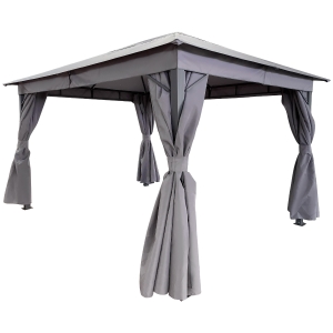 Outsunny Pérgola de Jardim 4x3m Pérgola com Teto de Ventilação 4 Cortinas Laterais e 8 Orifícios de Drenagem Pérgola de Alumínio para Exterior Pátio Festas Cinza
