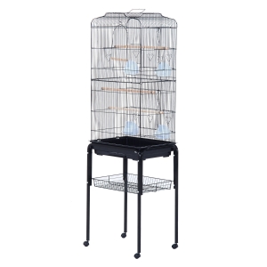PawHut Jaula para Pájaros con Soporte con Ruedas Pajarera con Bandeja Extraíble y Estante Inferior para Canarios Loros 47,5x37x153 cm Negro