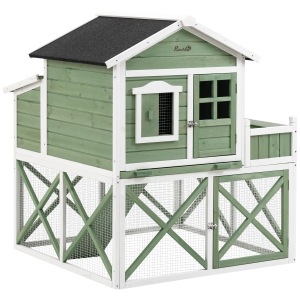 PawHut Galinheiro de Madeira Exterior Gaiola para 2 Galinhas com Grade de Arame Floreira para Cultivo Ninho Teto Asfáltico Bandeja Removível e Rampa 110x109x124cm Verde