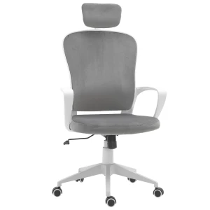 Vinsetto Velvet Style Fabric High-Back Swivel Chair, Home Office Rocking with Wheels & Adjustable Headrest, Grey