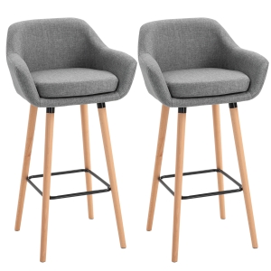 HOMCOM Set of 2 Bar Stools Modern Upholstered Seat Bar Chairs w/ Metal Frame, Solid Wood Legs Living Room Dining Room Fabric Furniture-Grey