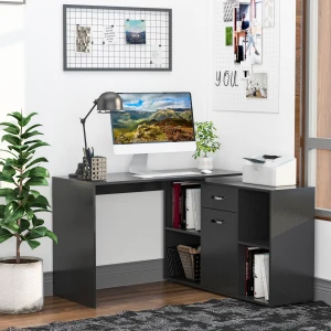 HOMCOM Modern L-Shaped Computer Desk, Laptop PC Corner Table, Home Office Workstation with Spacious Storage, Black