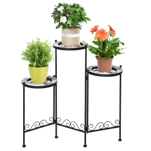 Outsunny Soporte de Metal para Plantas Mecetas Plegable Estantería para Flores con 3 Estantes y Bordes de Azulejo para Decoración Interiores y Exteriores 60x22x65 cm Negro