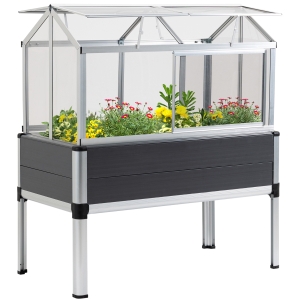 Outsunny Huerto Urbano Elevado 113,5x61x128,5 cm con Cubierta de Policarbonato con Techos Abatibles y Ventanas Correderas Marco de Aluminio y PVC para Plantas Flores Gris