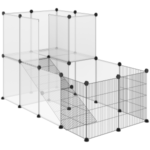 PawHut Valla para Animales Pequeños DIY con 21 Paneles de Resina y 6 Paneles de Alambre Jaula Modular de Plástico para Hámster Cobayas Conejos 140x70x90 cm Translúcido y Negro