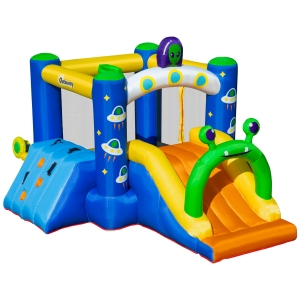 Outsunny 4 in 1 Kids Bounce Castle Large Alien-Style Inflatable House Slide Trampoline Climbing Wall Basket with Air blower Carrybag Patches for Kids Age 3-8, 3.2 x 2.4 x 2m