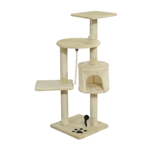 PawHut Árbol para Gatos Rascador de Gatos Barato de 4 Pisos con Poste para Arañar Cueva Espaciosa Múltiples Plataformas Juguetes Divertidos 112x75x40 cm Beige