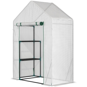 Outsunny Invernadero de Jardín 143x73x195 cm Vivero Casero de Acero con 2 Estantes y Puerta Enrollable para Cultivos Plantas Macetas Flores Patio Exterior Blanco