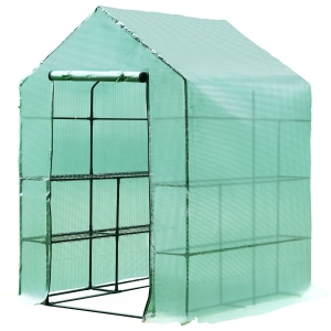 Outsunny Invernadero de Jardín Tipo Caseta Vivero Casero de Acero con 2 Niveles 4 Estantes y Puerta Enrollable para Cultivos Plantas Macetas Flores 143x143x195 cm Verde