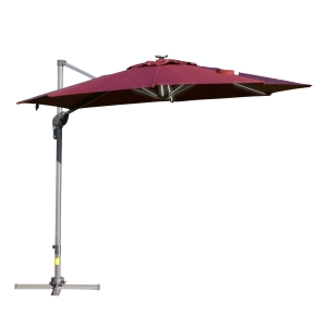 Outsunny Sombrilla de 300 cm de Aluminio Luces LED Protección UV 50+ Giratorio 360° con Manivela Panel Solar Techo Reclinable Base Cruzada Rojo