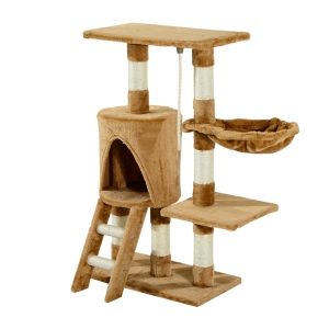 PawHut Árbol para gatos Rascador con Nido Rascador de gatos barato Plataforma Caseta Escalera Cuerda de Juego 30x55x96cm Tablero de Madera y Cubierto de Felpa Marrón