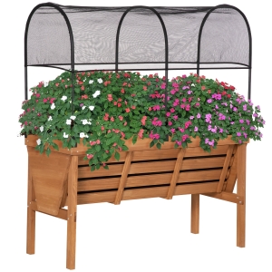 Outsunny Huerto Urbano Elevado de Madera 120x55x143 cm Mesa de Cultivo de Jardín con Red de Sombra de Malla y Tela Geotextil para Cultivos Plantas Flores Natural